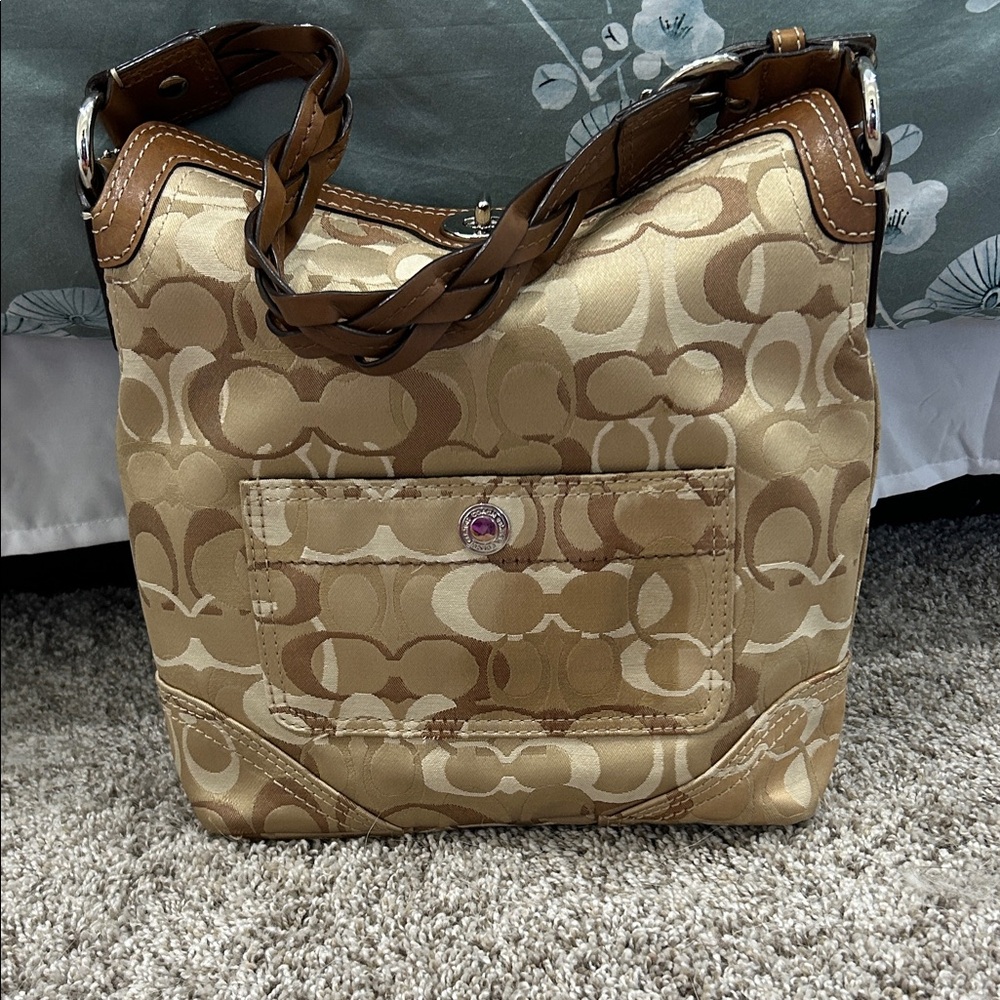 Coach Signature Gold and Tan Shoulder Bag
